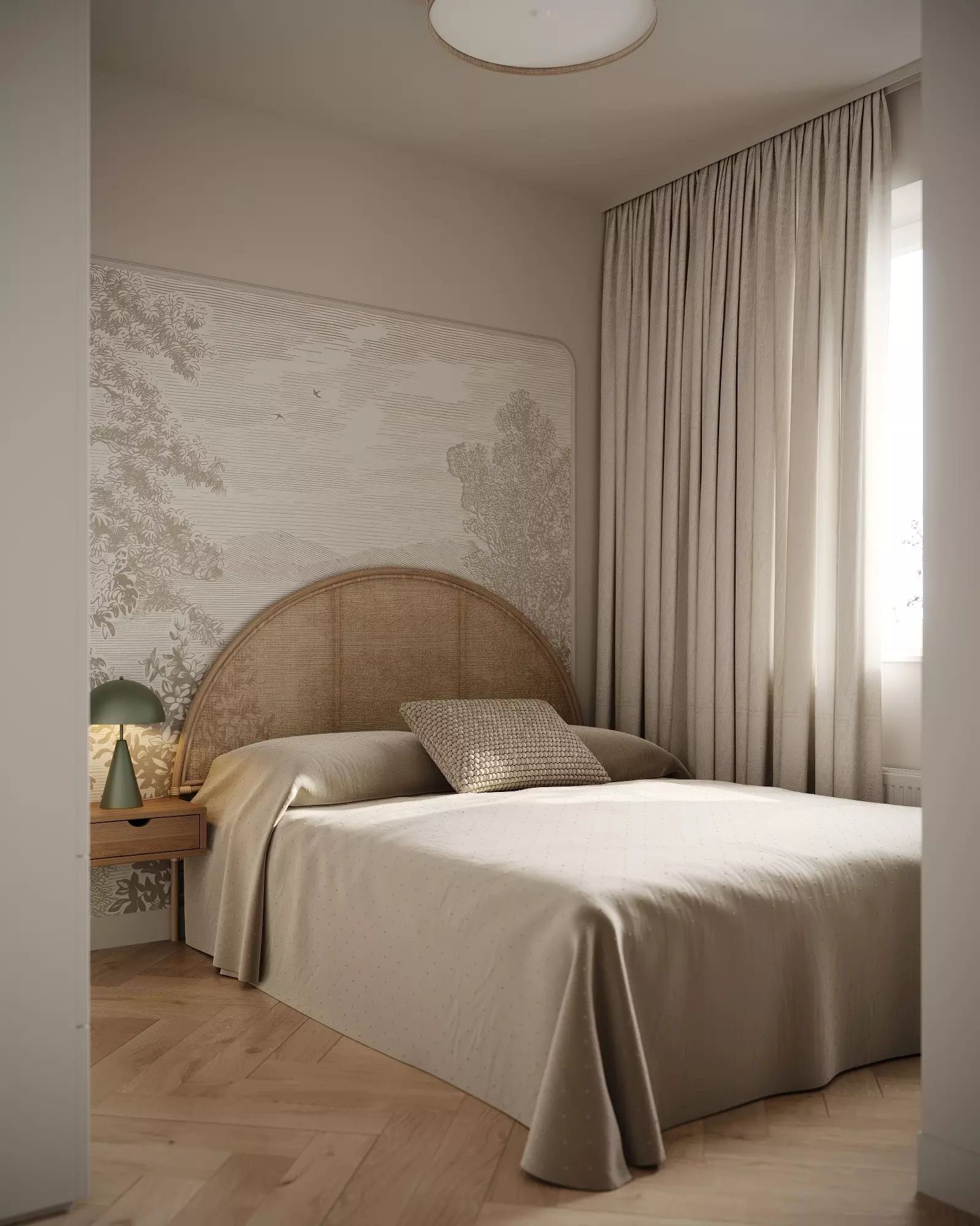 naturalne materiały w sypialni - rattan i drewno