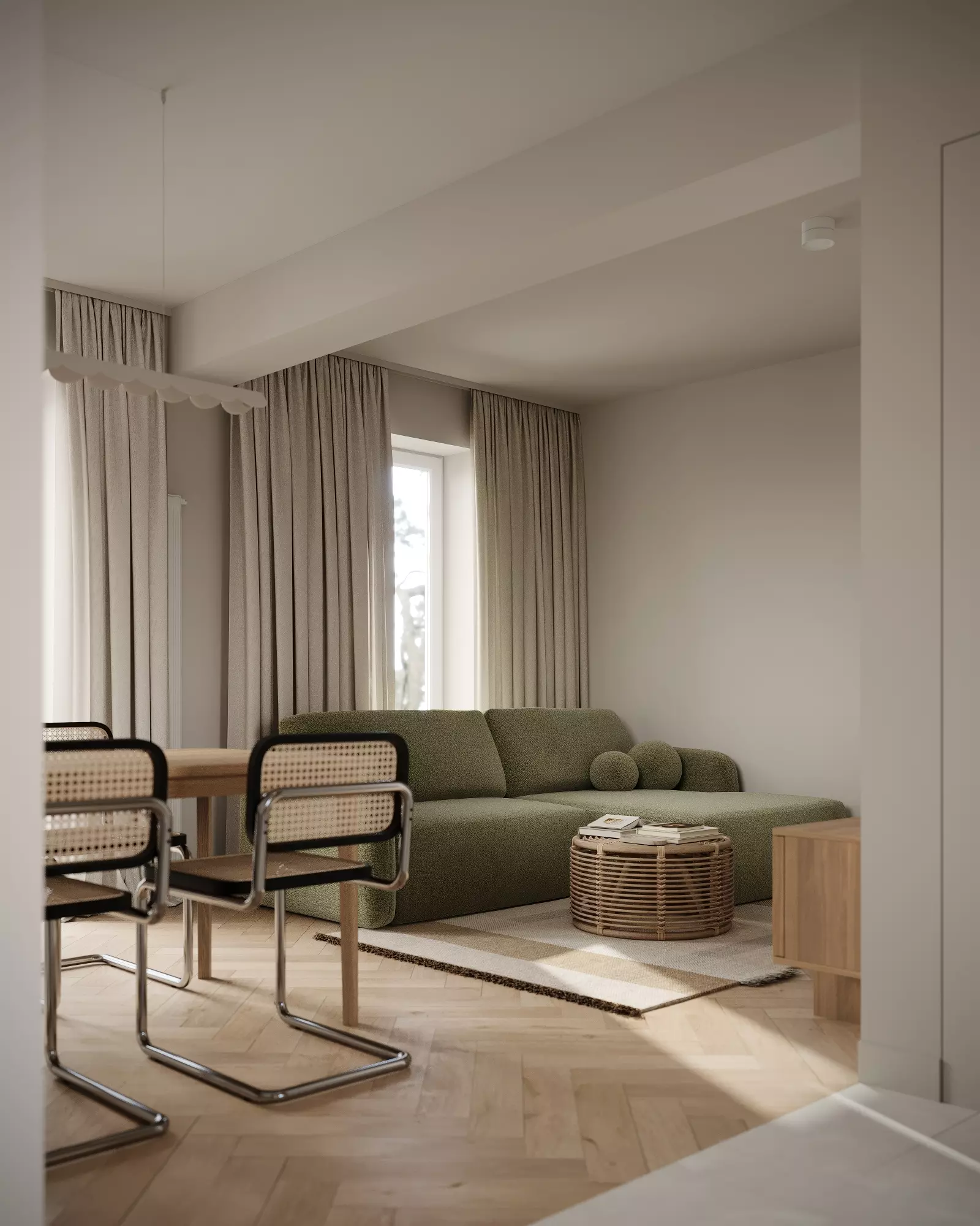 miękka zielona sofa jako centralny punkt w salonie w mieszkaniu 50 m2